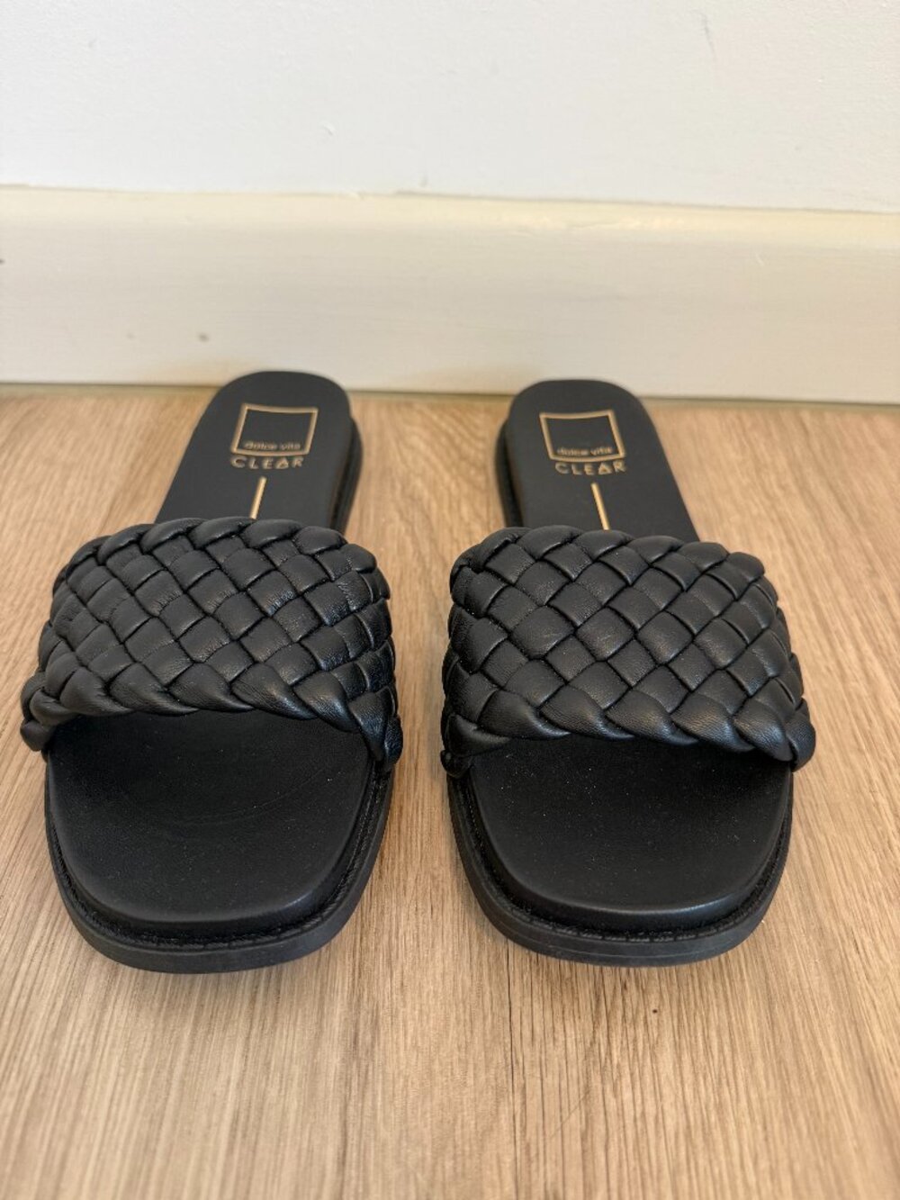 Dolce Vita CLEAR Black Woven Braided Leather Flat Slide Sandals,  Size 9